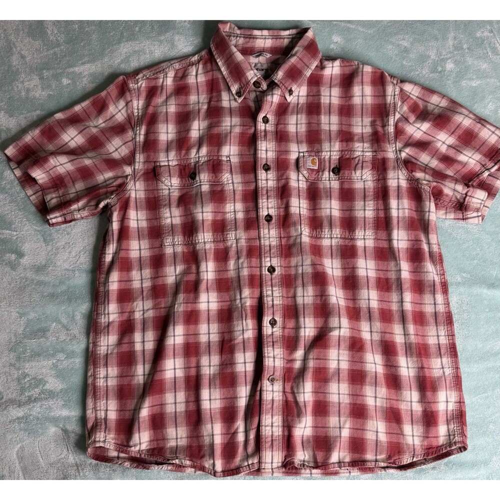 Carhartt Shirt Mens Large Red Plaid Short Sleeve Button Down Original Fit